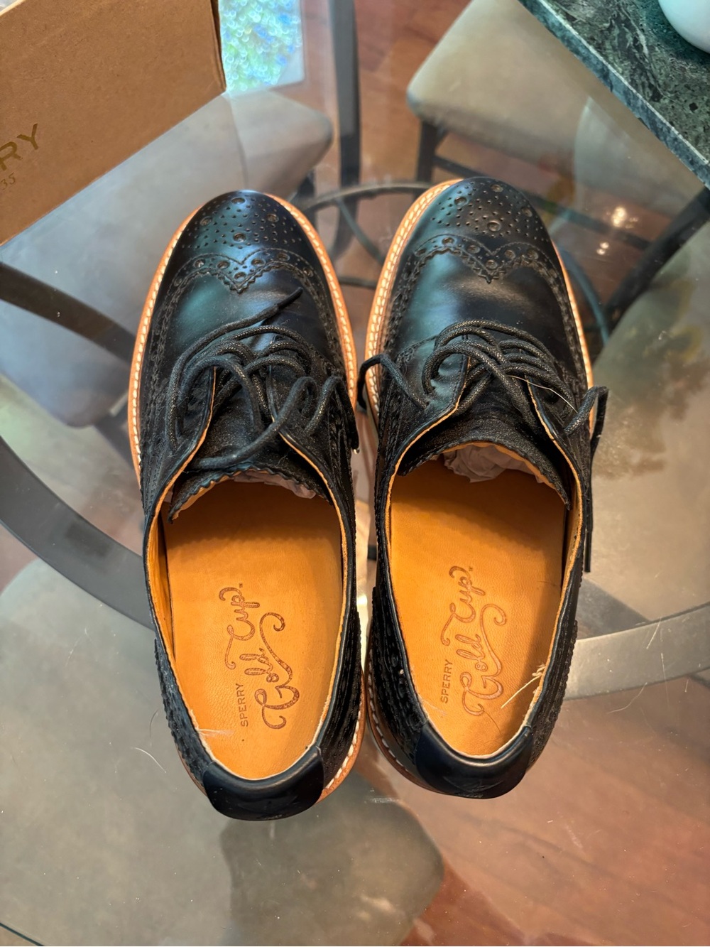 Sperry Black Leather Wingtip Boat Shoes with Tan Insole